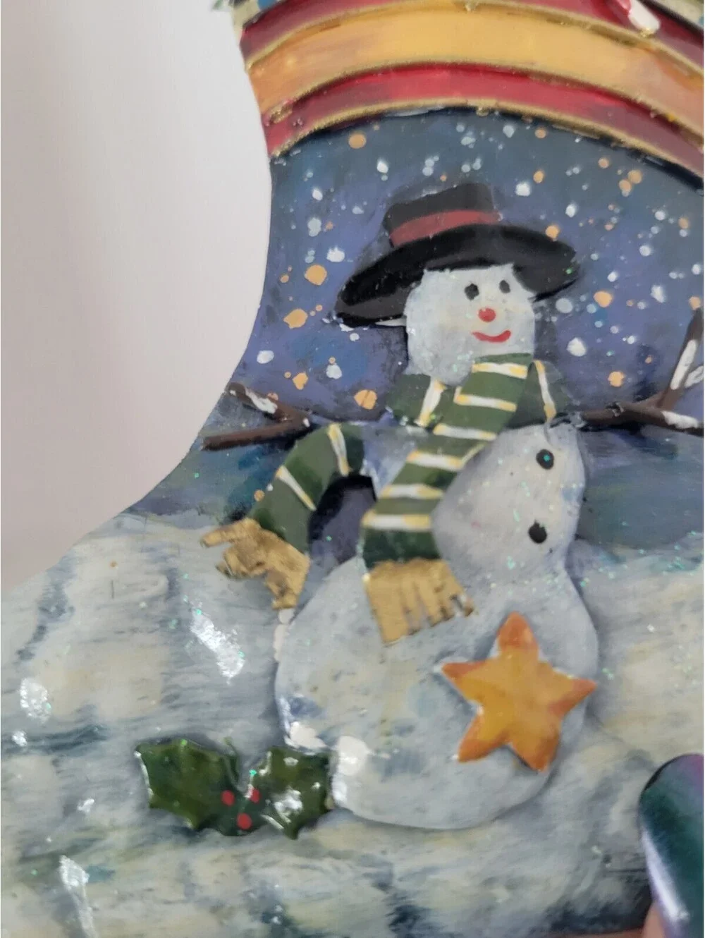 2 Vtg Metal Tin Primitive Rustic Christmas Tree Ornaments Stocking Snowman